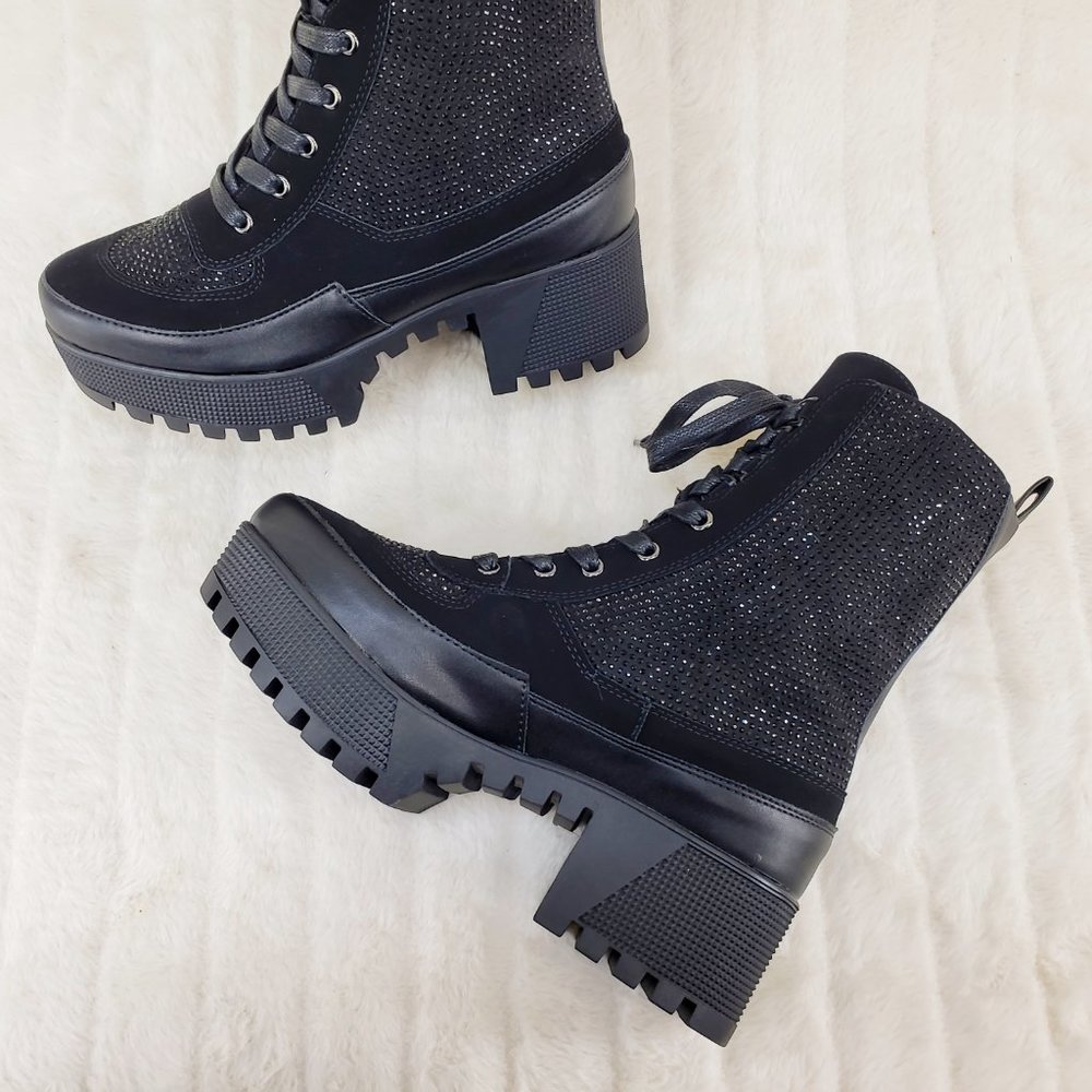 Diva Shine Black Rhinestone Platform Combat Ankle Boots - Picture 3 of 12